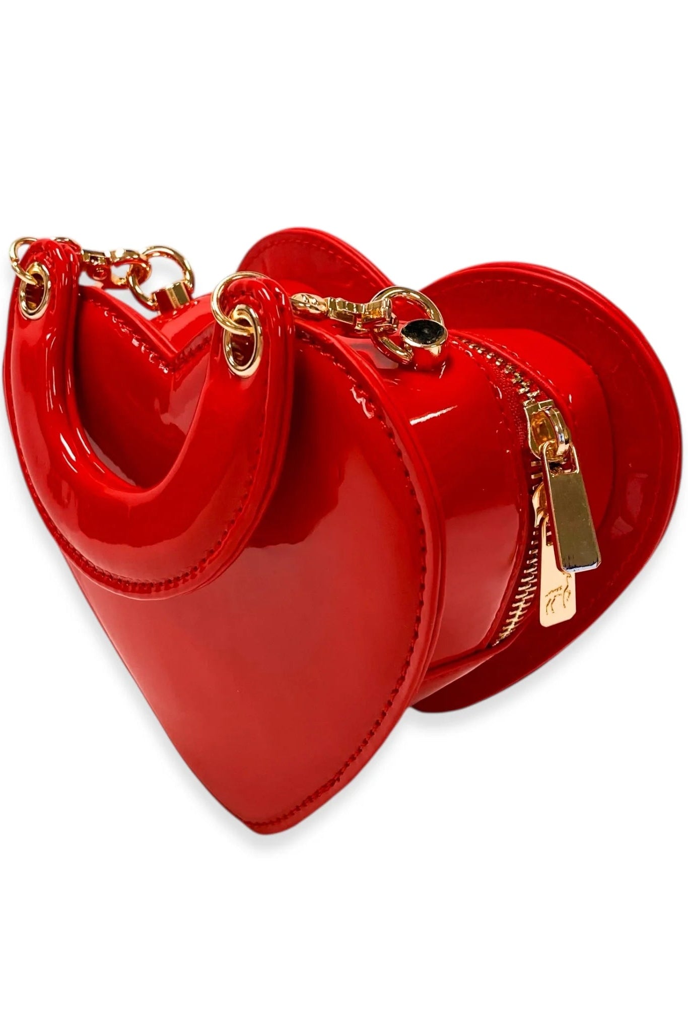 Heart patent leather purse in red side view