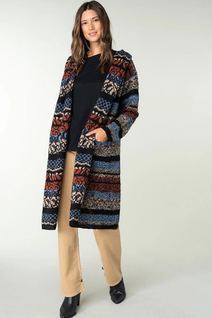 STRIPED HOODIE CARDIGAN IN BLUE/RUST FRONT VIEW