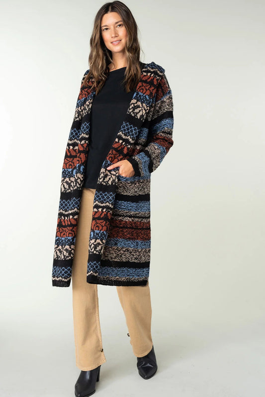 STRIPED HOODIE CARDIGAN IN BLUE/RUST FRONT VIEW