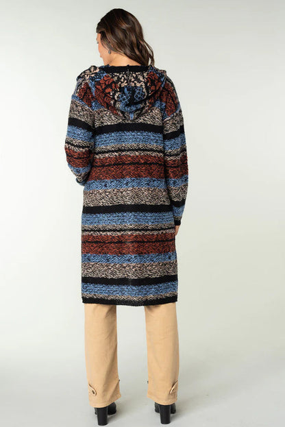STRIPED HOODIE CARDIGAN IN BLUE/RUST BACK VIEW
