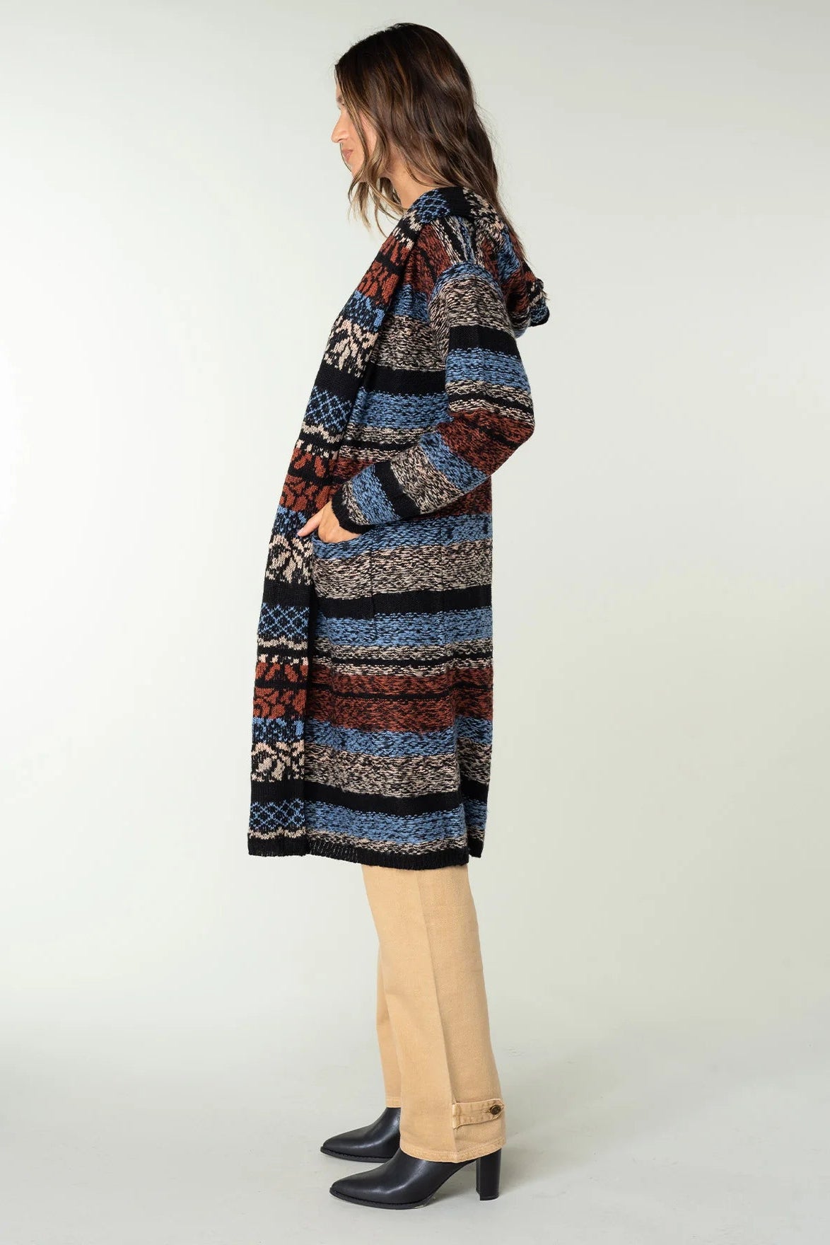 STRIPED HOODIE CARDIGAN IN BLUE/RUST SIDE VIEW