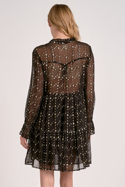 V-NECK BOTTOM RUFFLE DRESS IN BLACK GEO PRINT BACK VIEW