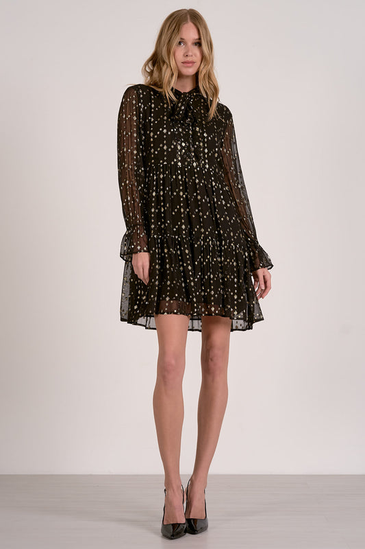 V-NECK BOTTOM RUFFLE DRESS IN BLACK GEO PRINT FRONT VIEW