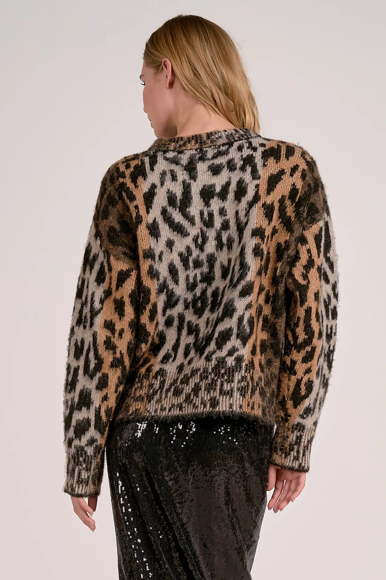 CREWNECK SWEATER IN BROWN CHEETAH BACK VIEW