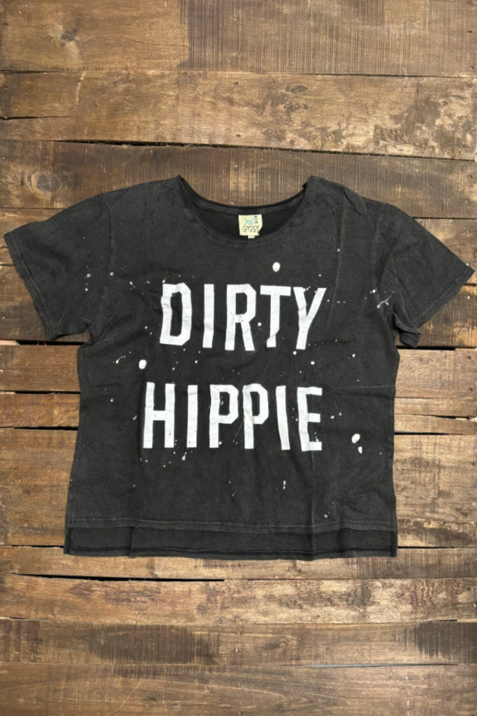 Black Dirty Hippie T-shirt with distressed white graphic lettering, short sleeves