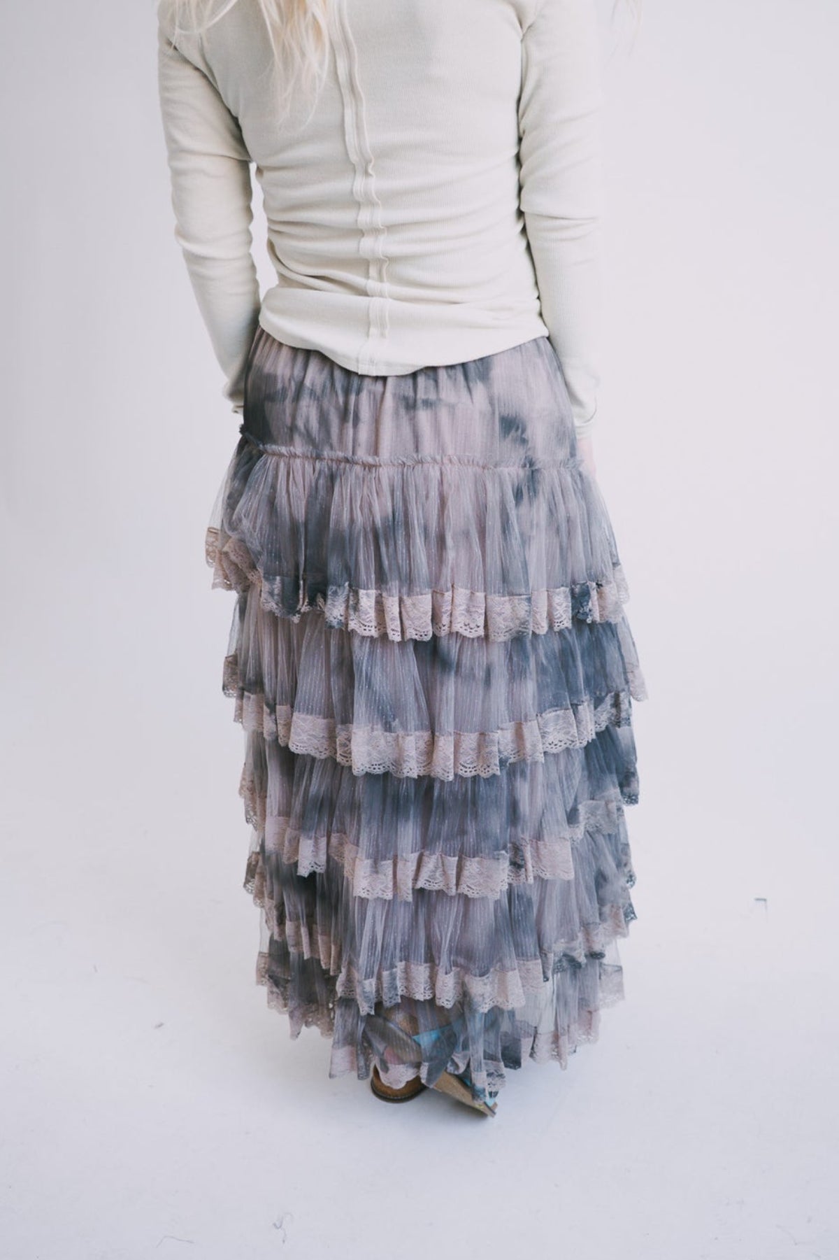 Tiered ruffle skirt with dark charcoal and blue layered tiers