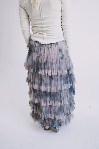 Tiered ruffle skirt with dark charcoal and blue layered tiers