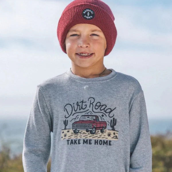 Child wearing a gray sweatshirt with a graphic design outdoors