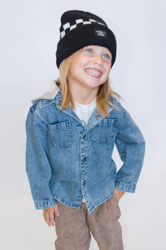 ETHAN DENIM SHACKET IN WASHED INDIGO FRONT VIEW