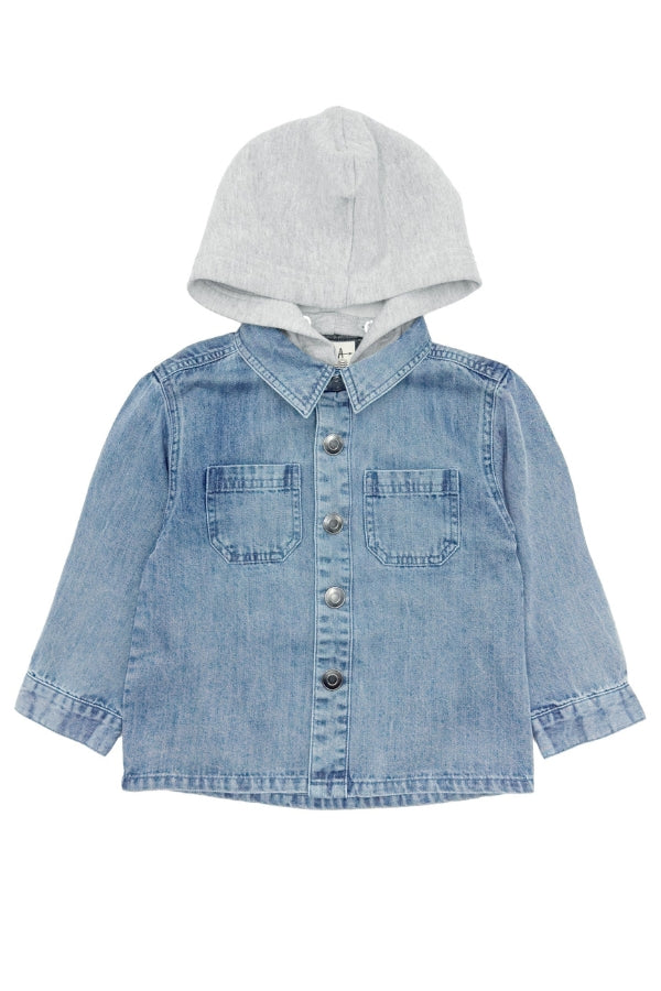 ETHAN DENIM SHACKET IN WASHED INDIGO FRONT VIEW
