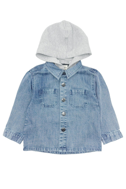 ETHAN DENIM SHACKET IN WASHED INDIGO FRONT VIEW