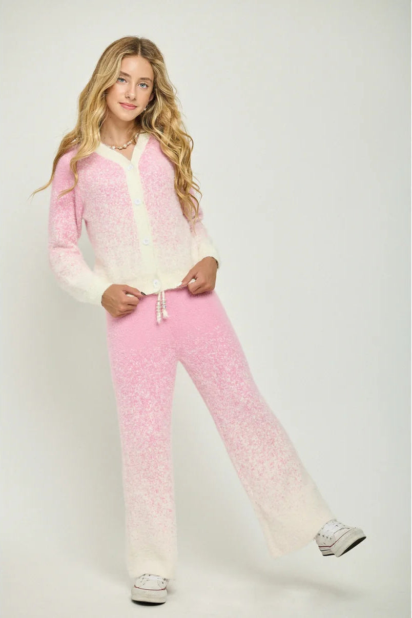 COZY BUTTON-UP SWEATER & PANT SET IN COTTON CANDY FRONT VIEW