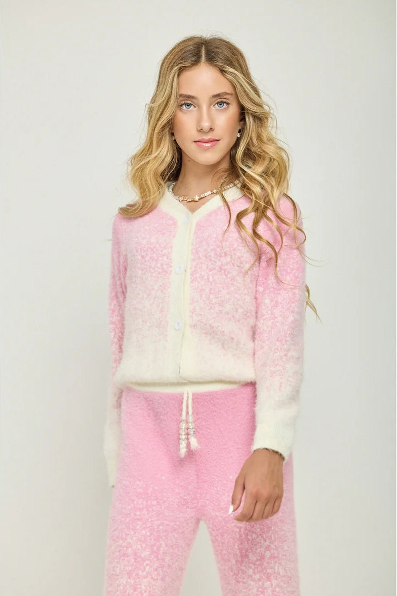 COZY BUTTON-UP SWEATER IN COTTON CANDY FROTN VIEW
