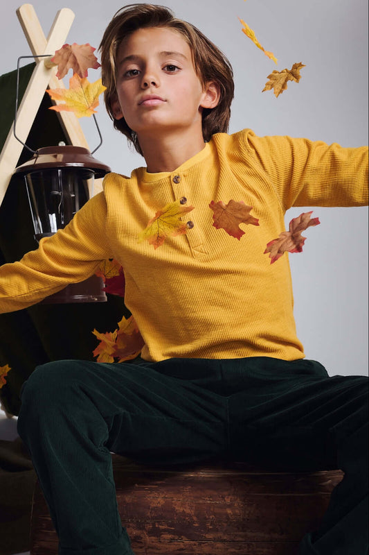 CRAFTSMAN THERMAL HENLEY IN MUSTARD FRONT VIEW