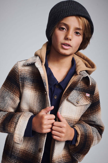 GLEN HOODED SHIRT IN LUMBER PLAID FRONT VIEW