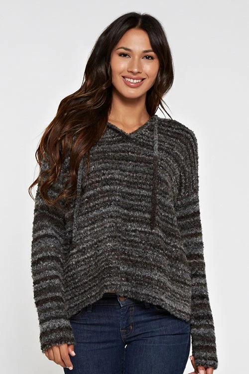 Long sleeve hooded striped sweater in heather charcoal brown front view