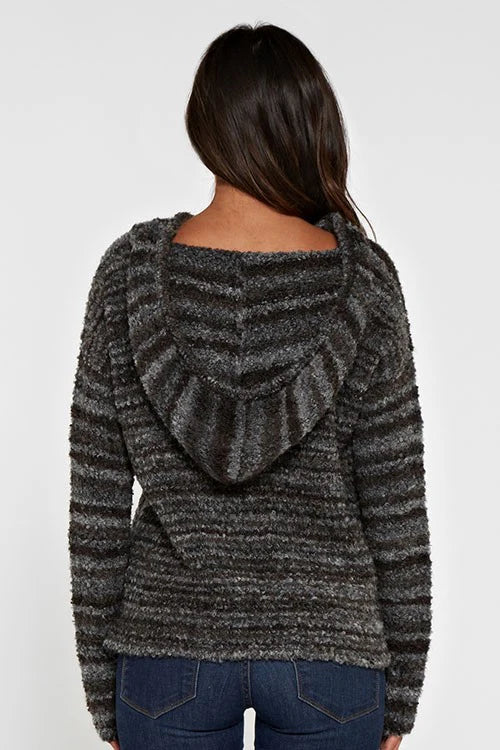Long sleeve hooded striped sweater in heather charcoal brown back view