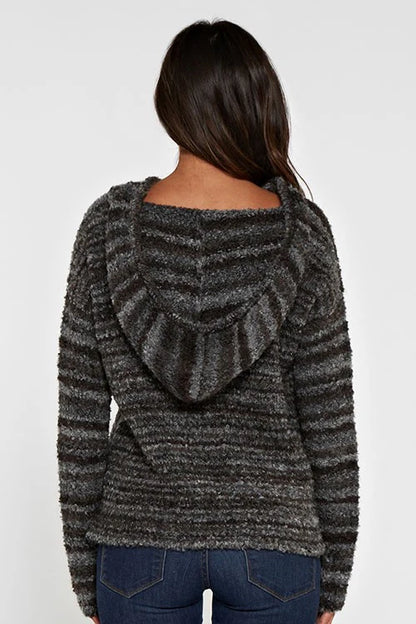 Long sleeve hooded striped sweater in heather charcoal brown back view