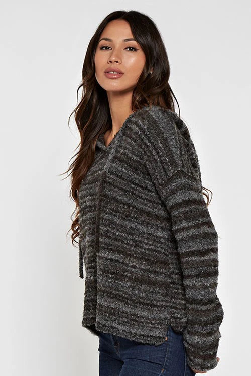 Long sleeve hooded striped sweater in heather charcoal brown side view