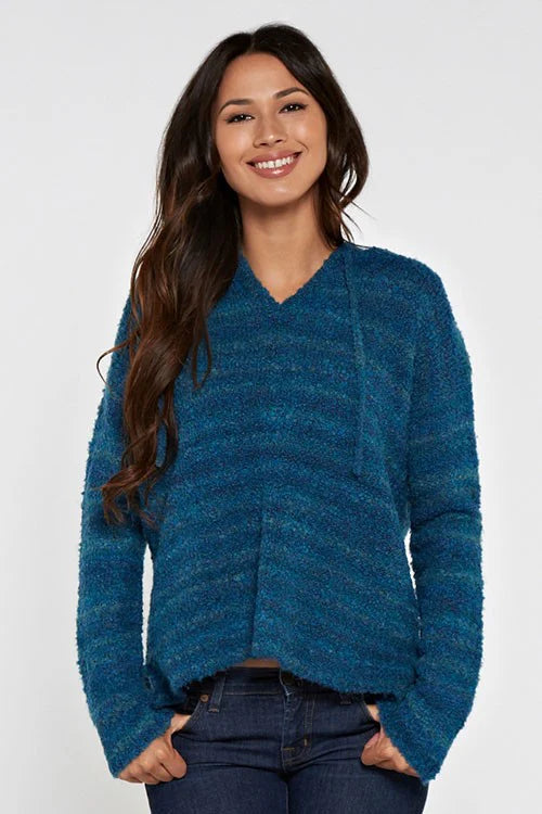 Long sleeve hooded striped sweater in teal and blue front view