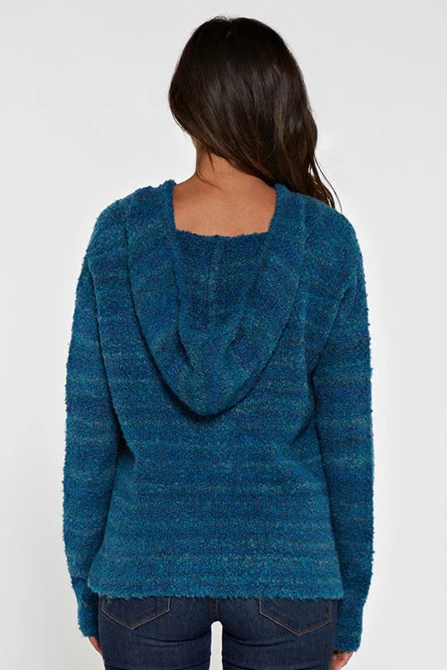 Long sleeve hooded striped sweater in teal and blue back view