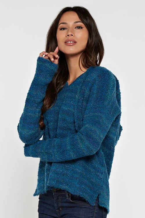 Long sleeve hooded striped sweater in teal and blue side view