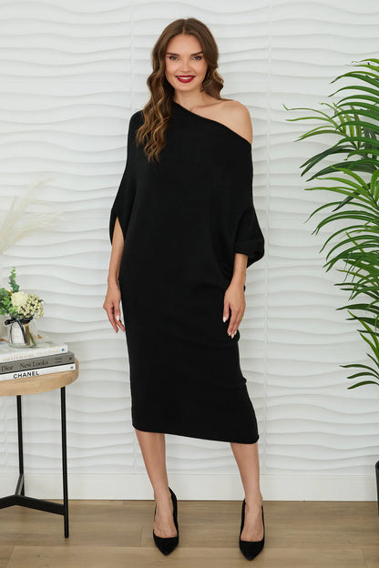 ASYMMETRICAL SWEATER DRESS IN BLACK FRONT VIEW