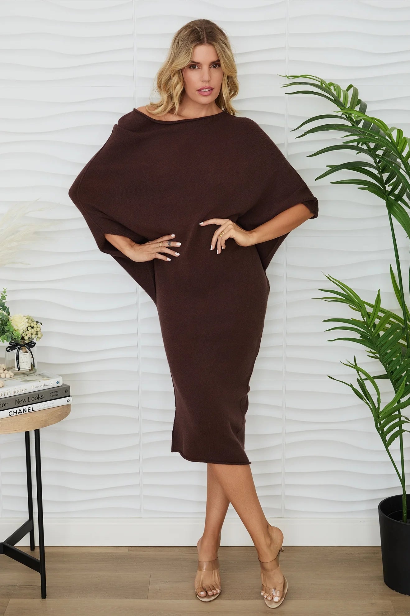 ASYMMETRICAL SWEATER DRESS IN CHOCOLATE BROWN FRONT VIEW