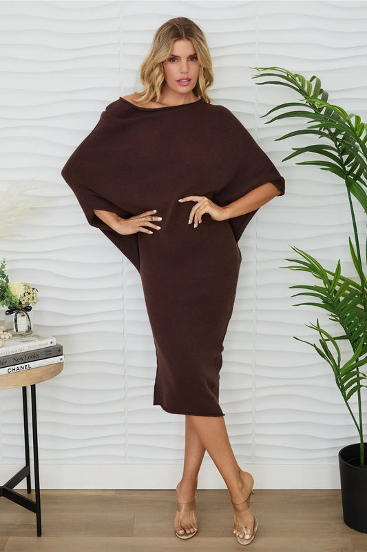 ASYMMETRICAL SWEATER DRESS IN CHOCOLATE BROWN FRONT VIEW