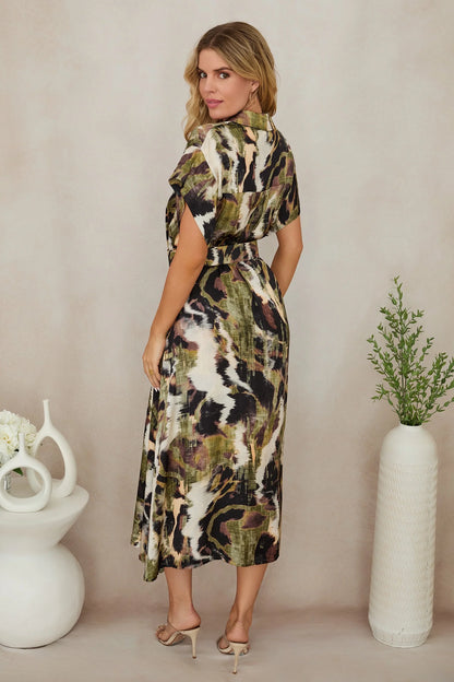 WATERCOLOR PRINT BUTTON DOWN MAXI DRESS IN GREEN/BROWN BACK VIEW