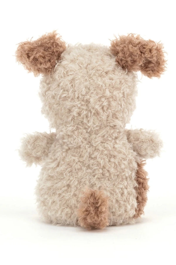 LITTLE PUP plush dog from the back, cream fur with cocoa patches on tail and ears