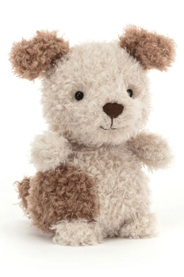 LITTLE PUP plush dog in cocoa and cream, with floppy ears and stitched face