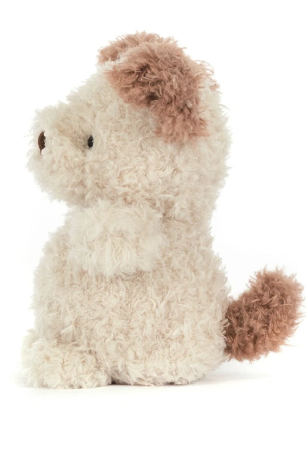 LITTLE PUP plush dog, cream body with cocoa nose and ears, side view