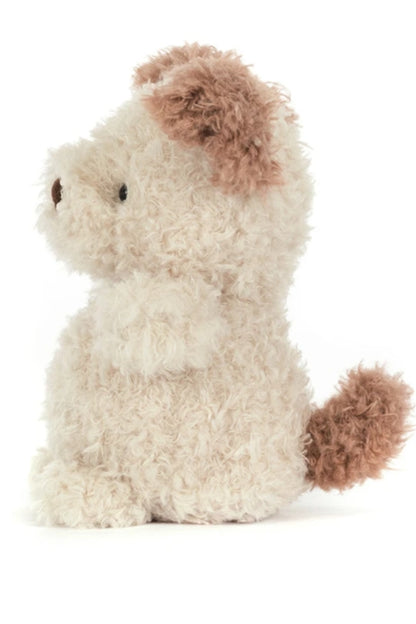 LITTLE PUP plush dog, cream body with cocoa nose and ears, side view