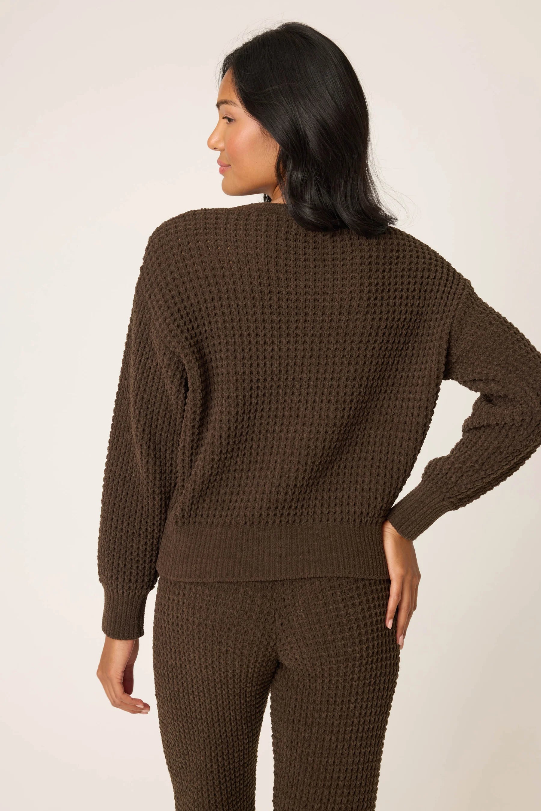 WAFFLE CHENILLE COZY LONG SLEEVE IN CHOCOLATE BACK VIEW
