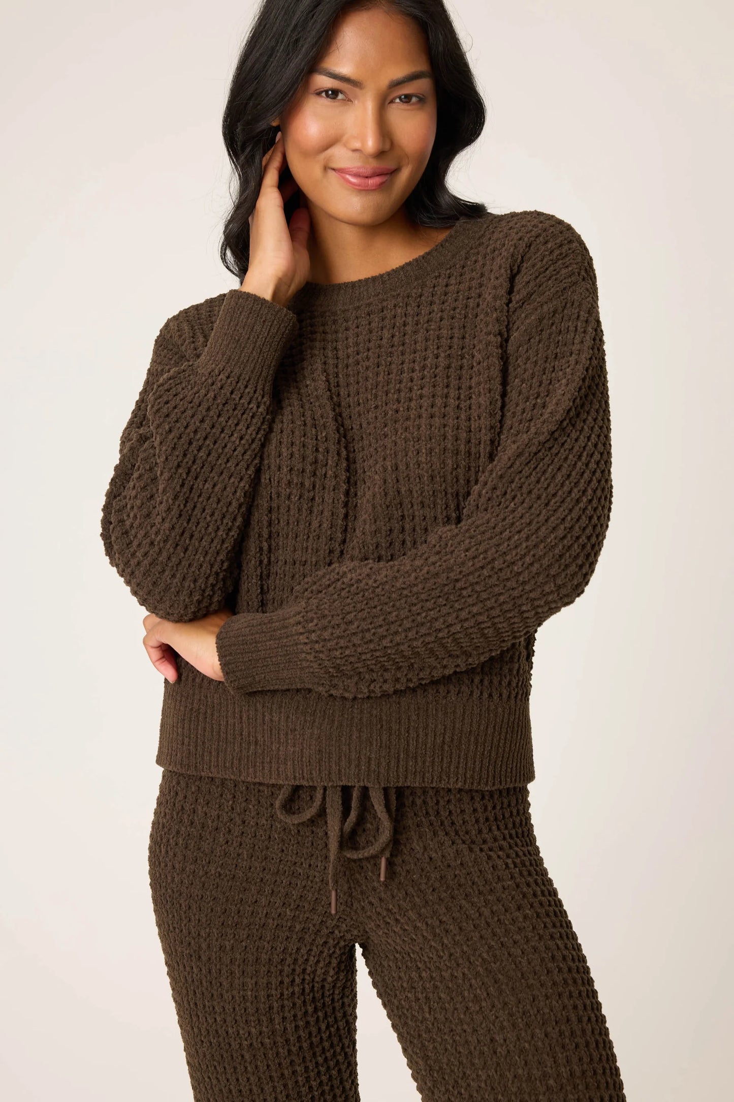 WAFFLE CHENILLE COZY LONG SLEEVE IN CHOCOLATE FRONT VIEW