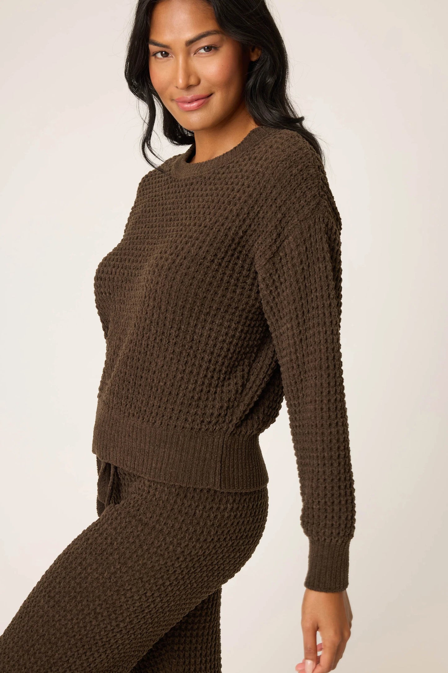 WAFFLE CHENILLE COZY LONG SLEEVE IN CHOCOLATE SIDE VIEW