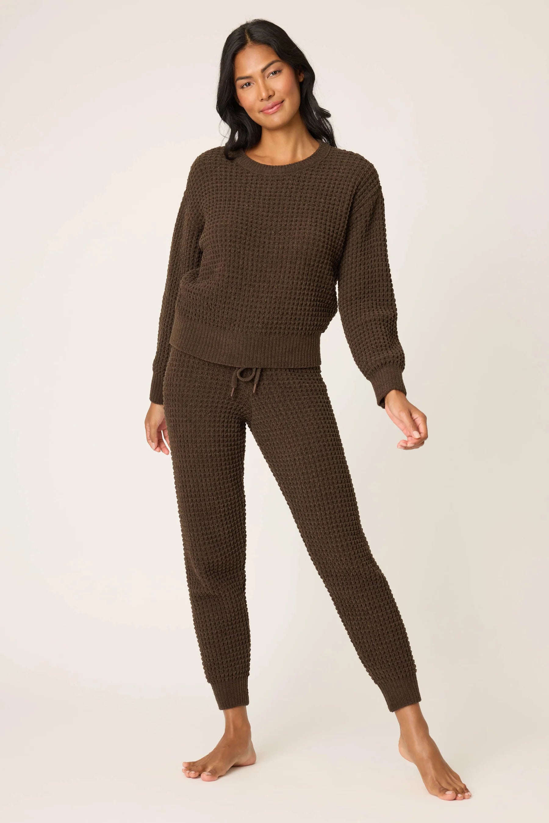 WAFFLE CHENILLE COZY PANT IN CHOCOLATE FRONT VIEW