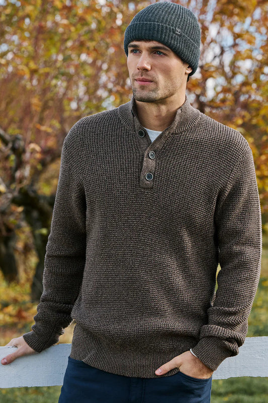 DENVER MOCK NECK SWEATER IN BROWN HEATHER FRONT VIEW