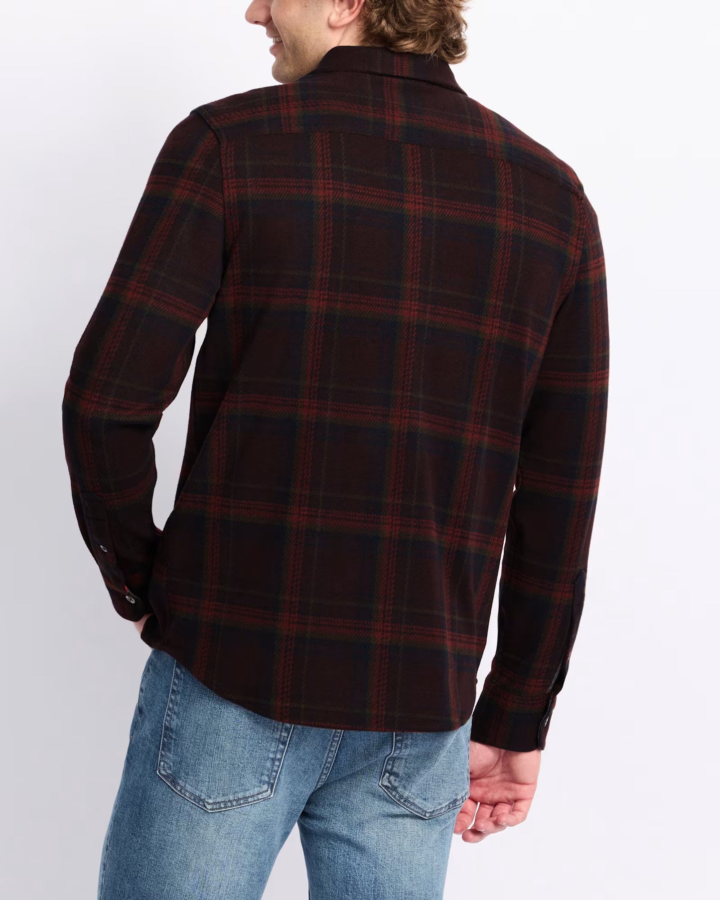 PORTER LONG SLEEVE HERO KNIT FLANNEL IN BROWN/NAVY/RUST BACK VIEW