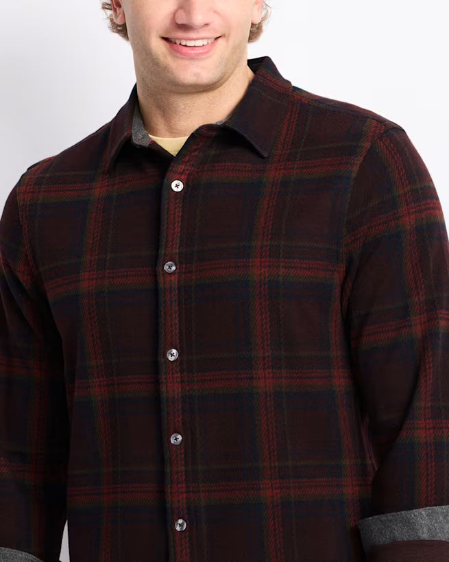PORTER LONG SLEEVE HERO KNIT FLANNEL IN BROWN/NAVY/RUST FRONT DETAIL VIEW