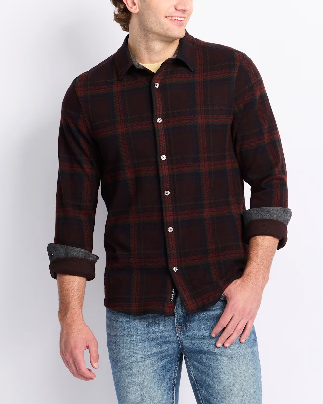 PORTER LONG SLEEVE HERO KNIT FLANNEL IN BROWN/NAVY/RUST FRONT VIEW