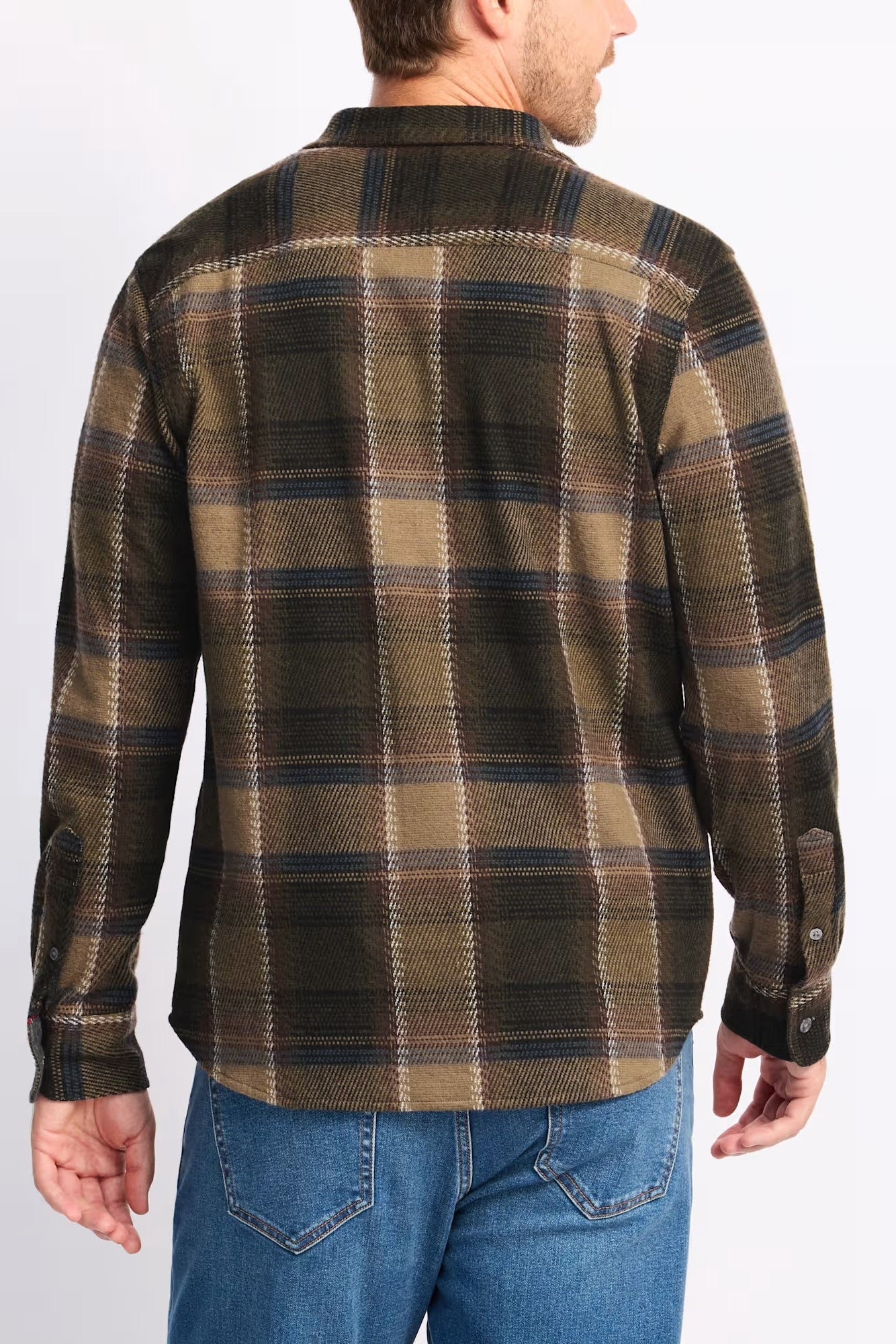 CROWLEY LONG SLEEVE HERO KNIT FLANNEL IN OLIVE/BROWN BACK VIEW