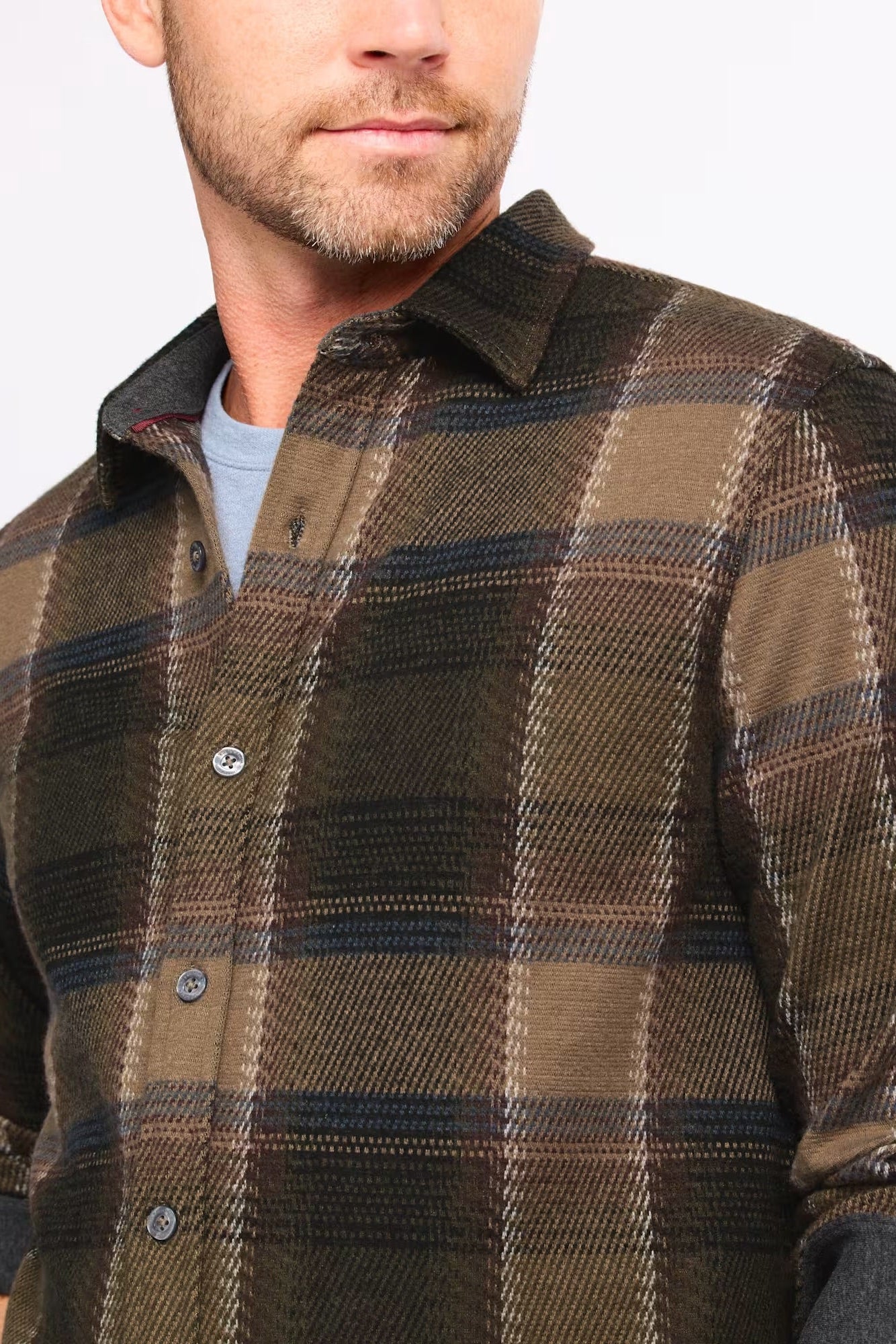CROWLEY LONG SLEEVE HERO KNIT FLANNEL IN OLIVE/BROWN DETAIL VIEW
