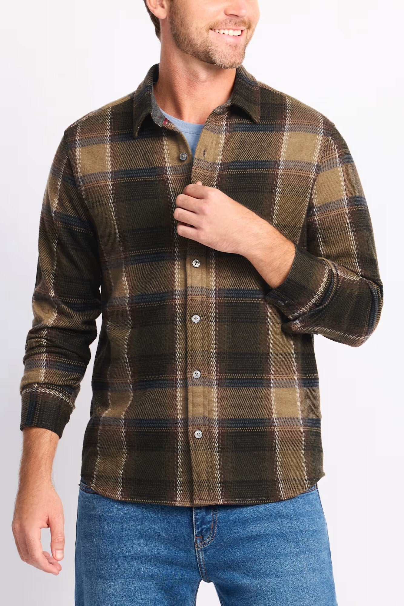 CROWLEY LONG SLEEVE HERO KNIT FLANNEL IN OLIVE/BROWN FRONT VIEW