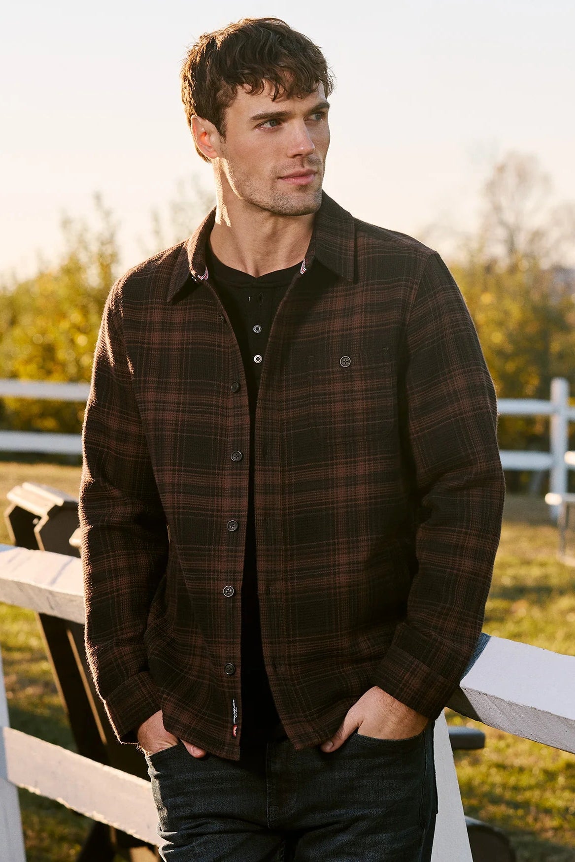 WEST CHESTER WAFFLE SHIRT JACKET IN BROWN/BLACK FRONT VIEW