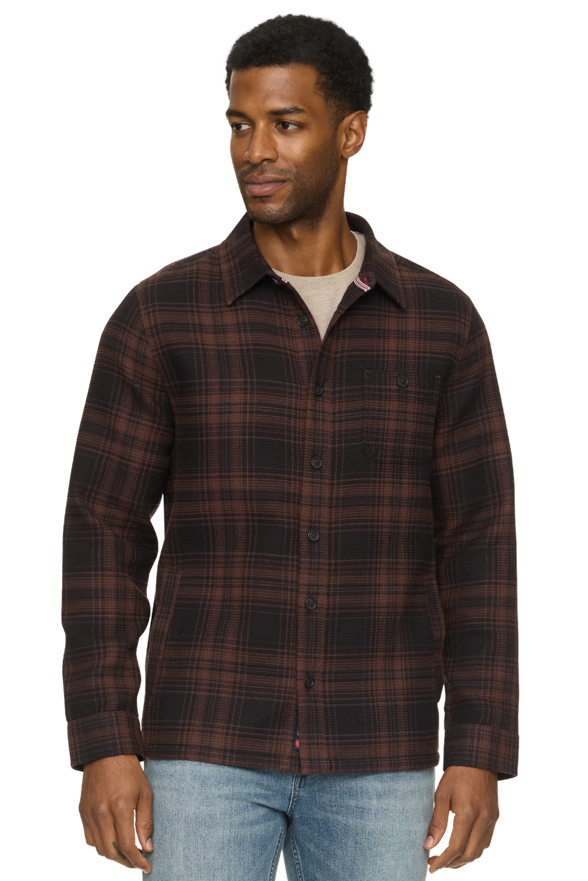 WEST CHESTER WAFFLE SHIRT JACKET IN BROWN/BLACK FRONT VIEW