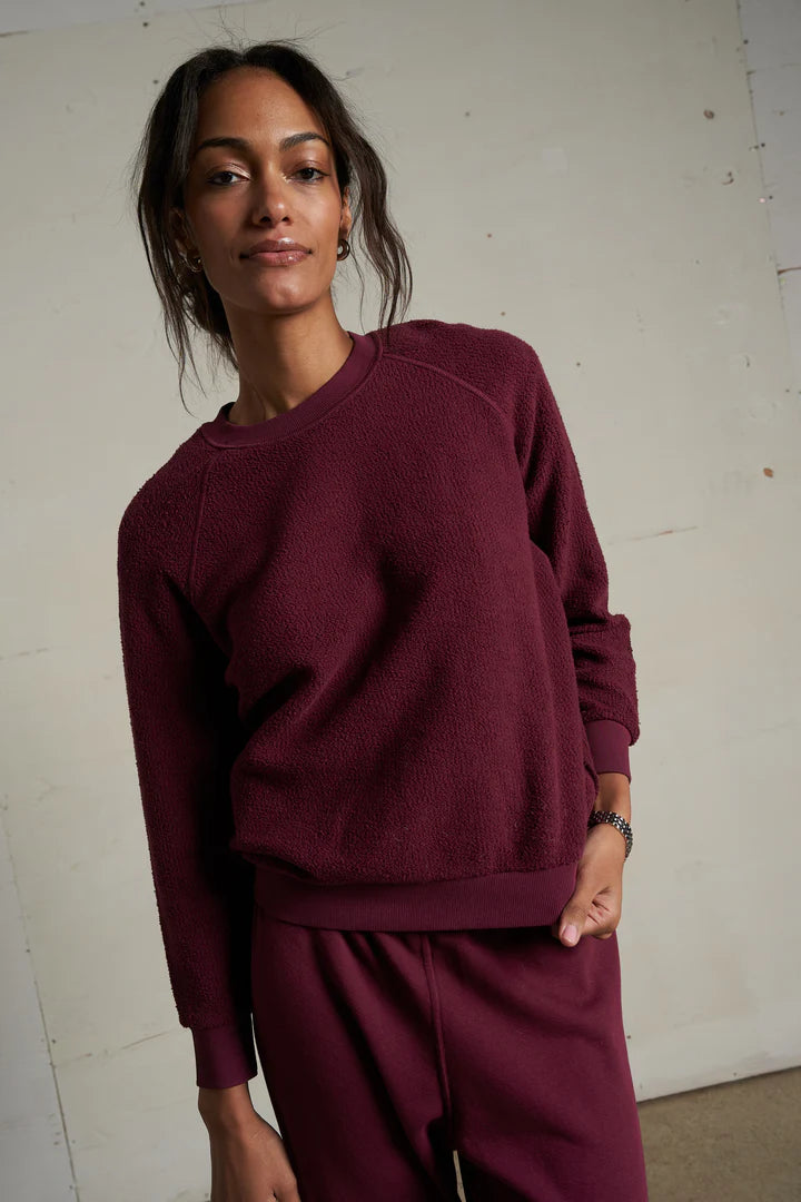 ZIGGY FLEECE LONG SLEEVE SHRUNKEN CREW IN DARK BURGUNDY FRONT VIEW