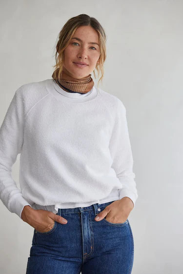 White Ziggy fleece long sleeve shrunken crew with crew neck and ribbed cuffs