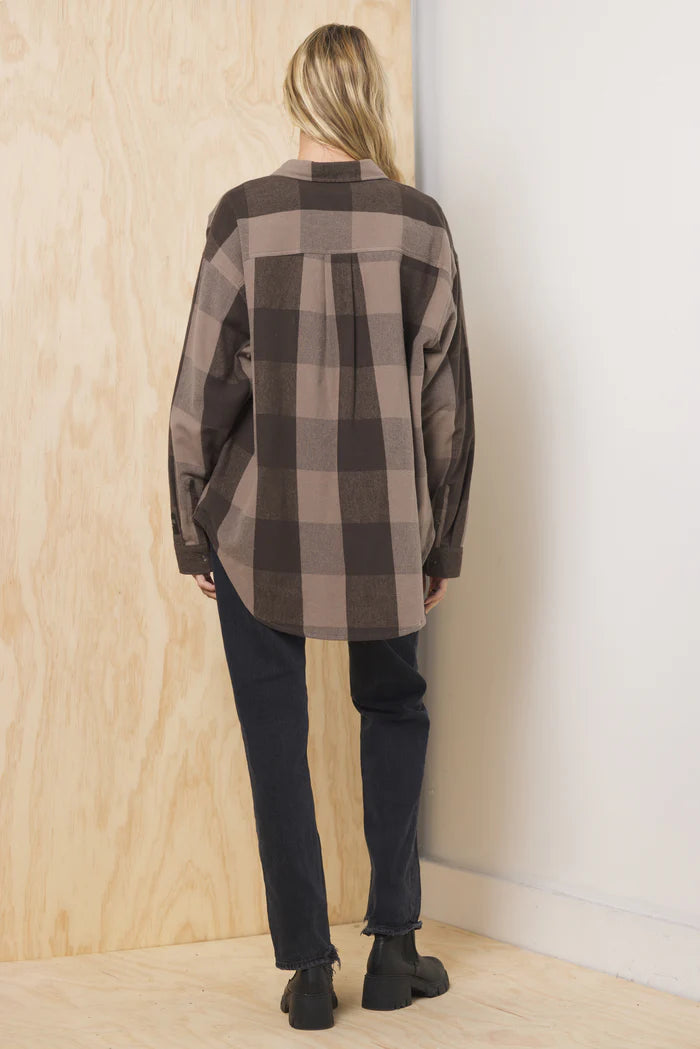 Oversized plaid flannel button-down shirt, back view, brown-and-tan plaid, long sleeves.